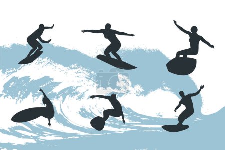 Ilustración de Conjunto de surfistas en el fondo de la ola - Imagen libre de derechos