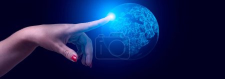 Photo for Women touching glowing earth hologram . Business and innovative technology concept metaverse - Royalty Free Image