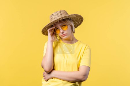 Photo for Worried sad woman, no, she forgot. Disappointed girl feeling sorrow, regret, drama, failure, problems on yellow background. High quality photo - Royalty Free Image