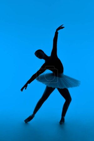 Photo for Beautiful silhouette of ballerina on blue background dancing ballet. Woman performs smooth movements. Sensual dancer in tutu dress on scene under neon light.. High quality photo - Royalty Free Image