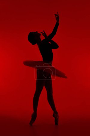 Photo for Beautiful silhouette of ballerina on red background dancing ballet. Woman performs smooth movements with hands. Sensual dancer in tutu dress on scene under infrared light.. High quality photo - Royalty Free Image