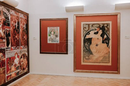 Photo for Prague, Czech - March 2023. Alphonse Mucha exhibition in Central Gallery. Famous installation. Legend artist, painting, collection. High quality photo - Royalty Free Image