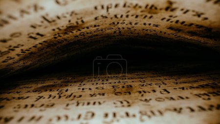 Photo for Macro background of saved medieval book with ancient writings, mystical secrets of past, history mysteries. Religious literature, archival manuscripts, rare collection tomes, artifacts - Royalty Free Image