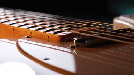 Photo for Macro of strings on electric guitar fretboard. Details of instrument close-up. Music, sound, art background. High quality - Royalty Free Image