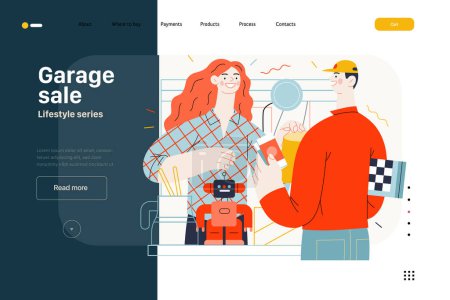 Illustration for Lifestyle web template -Garage sale -modern flat vector illustration of a woman selling house stuff, table filled with house utilities and toys, and man buying a chess board. People activities concept - Royalty Free Image