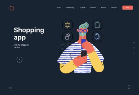 Ilustración de Shopping application -Online shopping and electronic commerce web template -modern vector concept illustration of man drinking beverage and shopping Promotion, discount, sale and online orders concept - Imagen libre de derechos