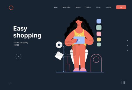 Ilustración de Easy shopping -Online shopping and electronic commerce web template - modern flat vector concept illustration of a woman in toilet shopping online. Promotion, discounts, sale and online orders concept - Imagen libre de derechos