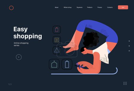 Ilustración de Easy shopping - Online shopping and electronic commerce web template - modern flat vector concept illustration of a woman doing yoga and shopping. Promotion, discounts, sale and online orders concept - Imagen libre de derechos