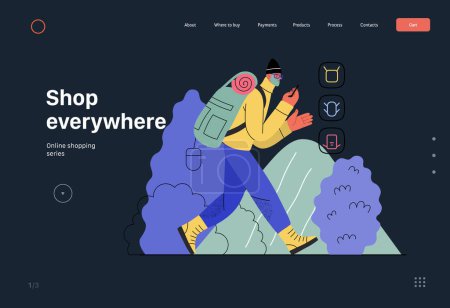 Téléchargez les illustrations : Shop everywhere -electronic commerce web template -modern flat vector concept illustration of man hiking with travel backpack and shopping online. Promotion, discounts, sale and online orders concept - en licence libre de droit