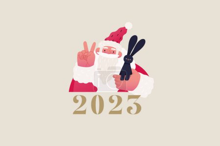 Santa Claus and the black Rabbit -Christmas and New 2023 Year postcard -modern flat vector concept illustration of Santa Claus and Chinese year of the Rabbit zodiac sign, 2023