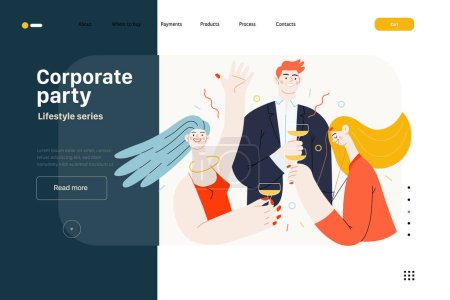Illustration for Lifestyle website template - Corporate party - modern flat vector illustration of business people entertaining in the office at corporate, drinking champagne. People activities concept - Royalty Free Image