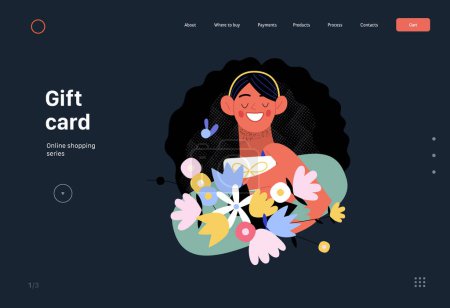 Ilustración de Gift card -Online shopping and electronic commerce web template - modern flat vector illustration of woman taking gift card from a bunch of flowers. Promotion, discounts, sale, online orders concept - Imagen libre de derechos