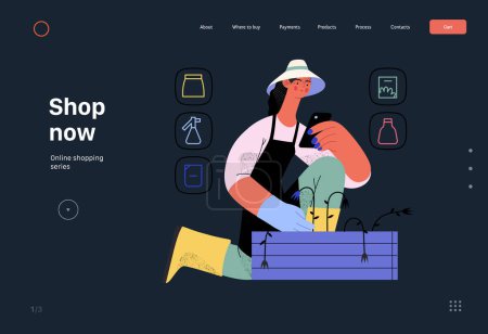 Ilustración de Shop now - Online shopping and electronic commerce web template - modern flat vector concept illustration of a woman gardening and shopping online. Promotion, discounts, sale and online orders concept - Imagen libre de derechos