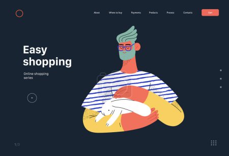Ilustración de Relaxing shopping - Online shopping and electronic commerce web template - modern flat vector illustration of a man holding a bunny in his arms. Promotion, discounts, sale and online orders concept - Imagen libre de derechos