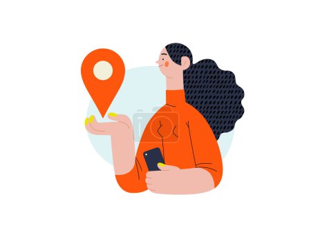 Ilustración de Delivery location - Online shopping and electronic commerce series - modern flat vector concept illustration of young woman holding location mark. Promotion, discounts, sale and online orders concept - Imagen libre de derechos