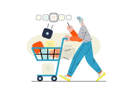 Illustration for Online selecyion -Online shopping, electronic commerce illustration -modern flat vector concept illustration, man with a shopping cart and goods. Promotion, discounts, sale, online orders concept - Royalty Free Image