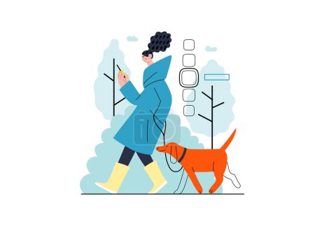 Ilustración de Shop everywhere -Online shopping and electronic commerce series -modern flat vector concept illustration of a woman walking with dog and shopping. Promotion, discounts, sale and online orders concept - Imagen libre de derechos