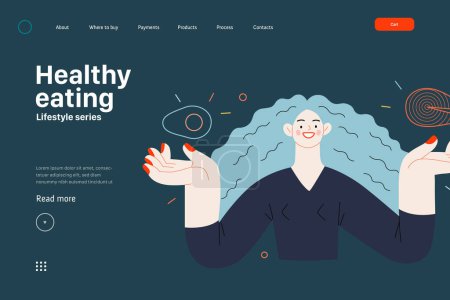 Illustration for Lifestyle web template - Healthy eating - modern flat vector illustration of a woman practicing healthy balanced diet holding salmon and avocado. People activities concept - Royalty Free Image