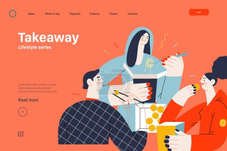 Lifestyle web template - Takeaway - modern flat vector illustration of a group of friends eating takeaway food from boxes sitting at home. People activities concept
