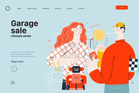 Illustration for Lifestyle web template -Garage sale -modern flat vector illustration of a woman selling house stuff, table filled with house utilities and toys, and man buying a chess board. People activities concept - Royalty Free Image