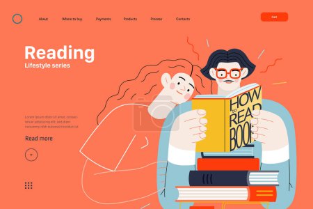 Lifestyle web template - Reading - modern flat vector illustration of a man and a woman reading the books. People activities concept