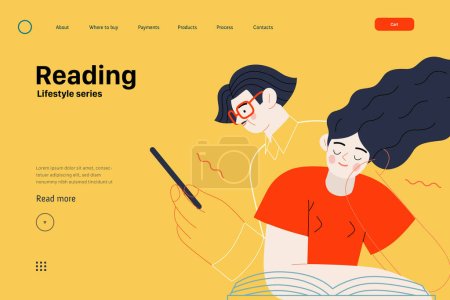 Photo for Lifestyle web template - Reading - modern flat vector illustration of a man and a woman reading the books. People activities concept - Royalty Free Image