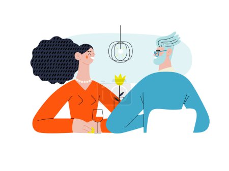 Ilustración de Order is complete - Online shopping and electronic commerce series - modern flat vector concept illustration of a couple sitting in the restaurant. Promotion, discounts, sale and online orders concept - Imagen libre de derechos
