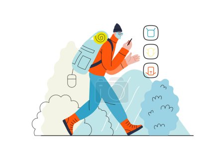 Téléchargez les illustrations : Shop everywhere - electronic commerce series - modern flat vector concept illustration of a man hiking with a travel backpack and shopping online. Promotion, discounts, sale and online orders concept - en licence libre de droit