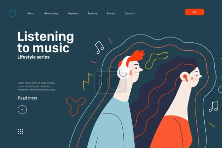 Lifestyle Web Template - Musik hören - moderne flache Vektorillustration eines Mannes und einer Frau mit Knospen und Kopfhörern, die Musik hören, die von Wellen umgeben ist. Konzept für Menschen-Aktivitäten