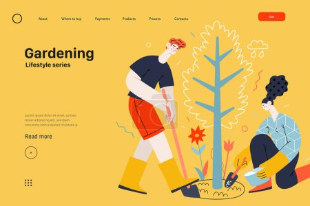 Lifestyle website template - Gardening - modern flat vector illustration of a man and a woman digging and fertilizing a tree. Planting and care gardening activity. People activities concept
