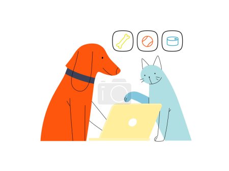 Illustration for Easy shopping - Online shopping and electronic commerce series - modern flat vector concept illustration of pets doing an order online on laptop. Promotion, discounts, sale and online orders concept - Royalty Free Image