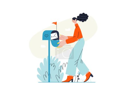 Ilustración de You have a message - Online shopping and electronic commerce series - modern flat vector concept illustration of woman getting letter from postbox. Promotion, discounts, sale and online orders concept - Imagen libre de derechos