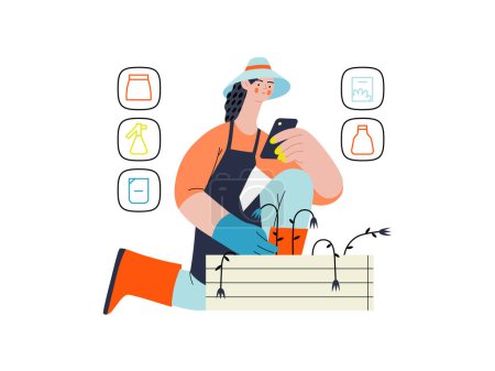 Ilustración de Shop now - Online shopping and electronic commerce series - modern flat vector concept illustration of a woman gardening and shopping online. Promotion, discounts, sale and online orders concept - Imagen libre de derechos
