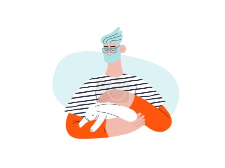 Ilustración de Relaxing shopping - Online shopping and electronic commerce series - modern flat vector concept illustration of a man holding a bunny in his arms. Promotion, discounts, sale and online orders concept - Imagen libre de derechos