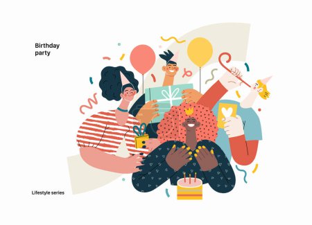Illustration for Lifestyle series - Birthday party - modern flat vector illustration of men and women celebrating birthday, giving presents. People activities concept - Royalty Free Image