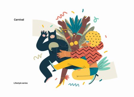 Illustration for Lifestyle series - Carnival - modern flat vector illustration of masked people dancing together, taking part in the costume carnival procession. People activities concept - Royalty Free Image