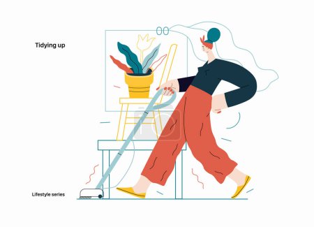 Ilustración de Serie Lifestyle - Ordenación, limpieza - moderna ilustración vectorial plana de una mujer limpiando el suelo con una aspiradora. Concepto de actividades - Imagen libre de derechos