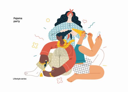 Serie de estilo de vida - Fiesta de pijama - ilustración moderna de vectores planos de amigas usando pijamas divirtiéndose juntas, usando maquillaje, peinando, pintando uñas de los pies Concepto de actividades de la gente