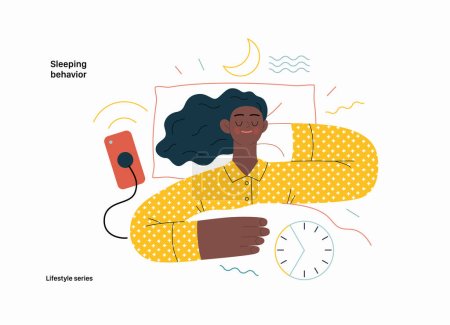 Illustration for Lifestyle series - Sleeping behaviour - modern flat vector illustration of a woman sleeping in her bed, showing the benefits of good sleeping habit, eight hours normal sleep. People activities concept - Royalty Free Image