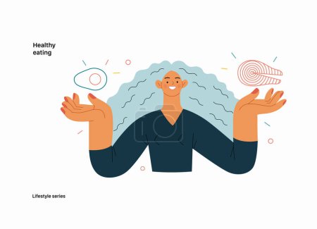 Illustration for Lifestyle series - Healthy eating - modern flat vector illustration of a woman practicing healthy balanced diet holding salmon and avocado. People activities concept - Royalty Free Image