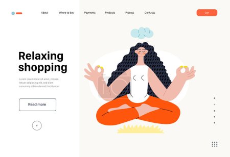 Illustration for Relaxing shopping - Online shopping and electronic commerce series - modern flat vector concept illustration of a meditating woman in lotus pose. Promotion, discounts, sale and online orders concept - Royalty Free Image