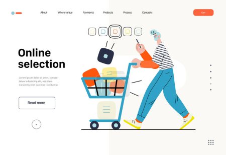 Online selecyion -Online shopping, electronic commerce illustration -modern flat vector concept illustration, man with a shopping cart and goods. Promotion, discounts, sale, online orders concept