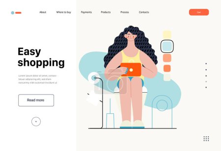 Ilustración de Easy shopping - Online shopping and electronic commerce series - modern flat vector concept illustration of a woman in toilet shopping online. Promotion, discounts, sale and online orders concept - Imagen libre de derechos