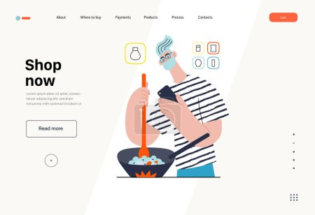 Ilustración de Shop now - Online shopping and electronic commerce series - modern flat vector concept illustration of a man cooking in pan and shopping. Promotion, discounts, sale and online orders concept - Imagen libre de derechos