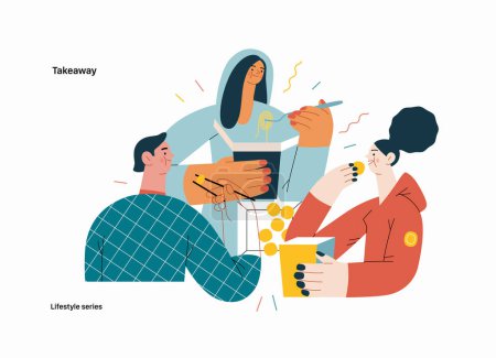 Lifestyle series - Takeaway - modern flat vector illustration of a group of friends eating takeaway food from boxes sitting at home. People activities concept