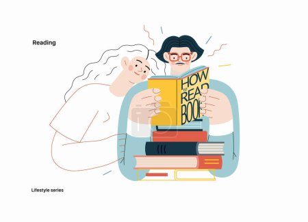Téléchargez les illustrations : Lifestyle series - Reading - illustration vectorielle plate moderne d'un homme et d'une femme lisant les livres. Concept d'activités humaines - en licence libre de droit