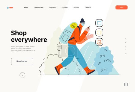 Téléchargez les illustrations : Shop everywhere - electronic commerce series - modern flat vector concept illustration of a man hiking with a travel backpack and shopping online. Promotion, discounts, sale and online orders concept - en licence libre de droit
