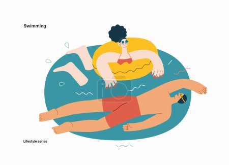 Estilo de vida serie Natación moderno vector plano ilustración de un hombre y una mujer nadando en la piscina. Concepto de actividades