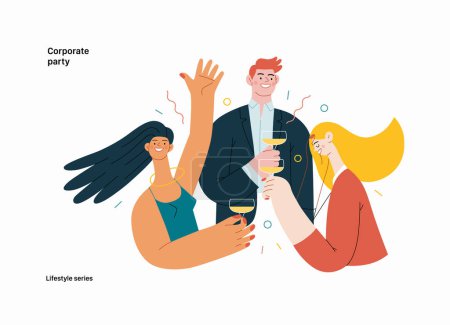 Téléchargez les illustrations : Série Lifestyle - Fête d'entreprise - illustration vectorielle plate moderne de gens d'affaires divertissant dans le bureau de l'entreprise, boire du champagne. Concept d'activités humaines - en licence libre de droit
