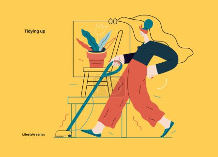 Illustration for Lifestyle series - Tidying up, housekeeping - modern flat vector illustration of a woman cleaning the floor with a vacuum cleaner. People activities concept - Royalty Free Image